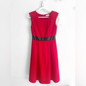 Calvin Klein Festive sleeveless, statement red dress w leather trim, size 2